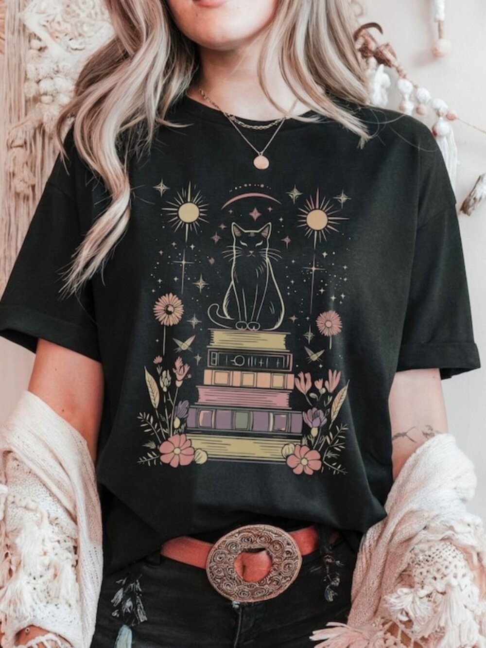 Mystical Cat Moon & Stars Graphic Tee, Witchy Cottagecore Shirt